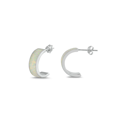 Sterling Silver Rhodium Plated Open Hoop White Lab Opal Earrings