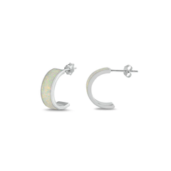 Sterling Silver Rhodium Plated Open Hoop White Lab Opal Earrings