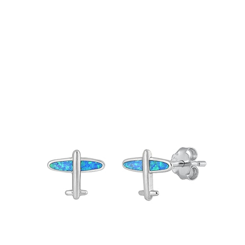 Sterling Silver Rhodium Plated Airplane Blue Lab Opal Earrings