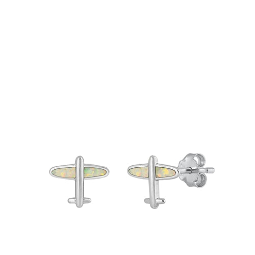 Sterling Silver Rhodium Plated Airplane White Lab Opal Earrings