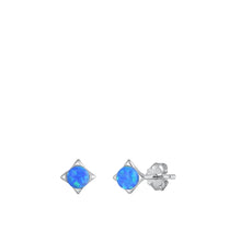 Load image into Gallery viewer, Sterling Silver Rhodium Plated Diamond Shape Blue Lab Opal Earrings