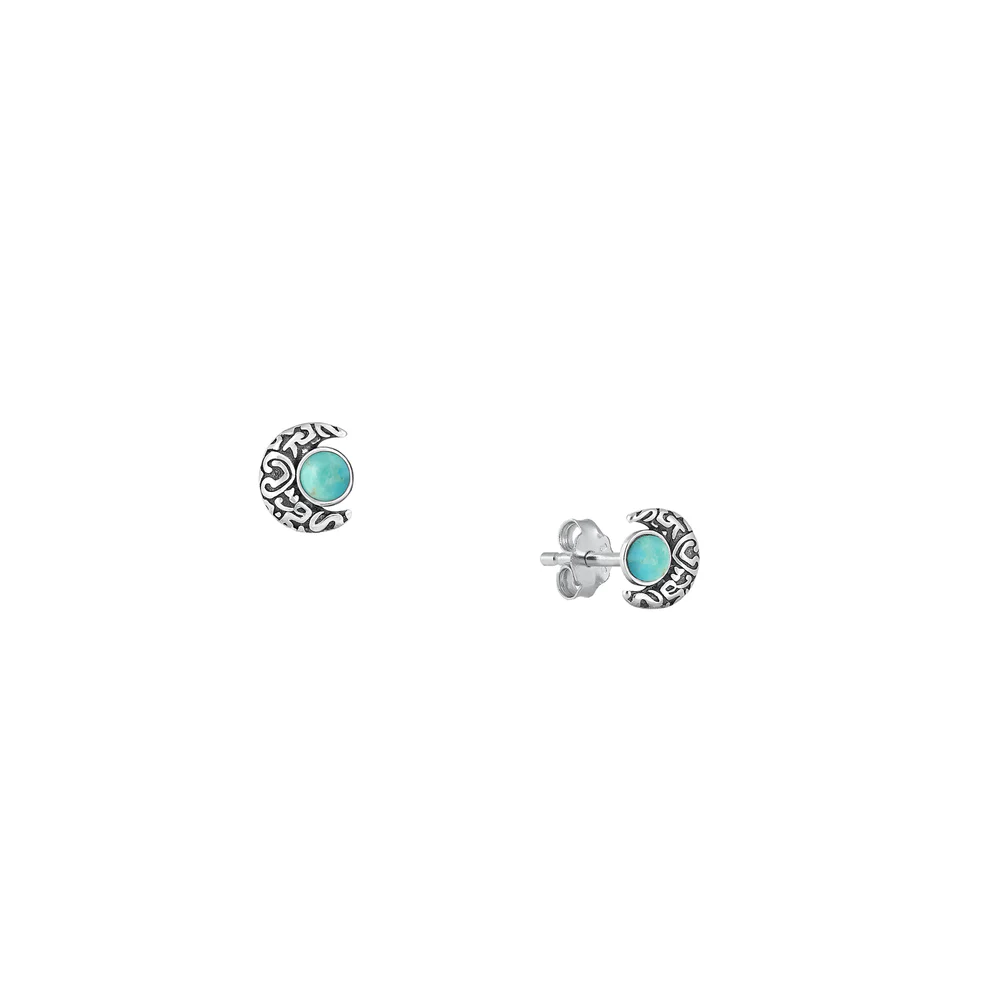 Sterling Silver Oxidized Moon Genuine Turquoise Stone Earrings