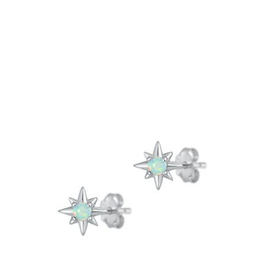 Sterling Silver Rhodium Plated White Lab Opal Star Earrings
