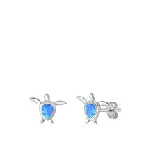 Load image into Gallery viewer, Sterling Silver Rhodium Plated Turtle Blue Lab Opal Earrings
