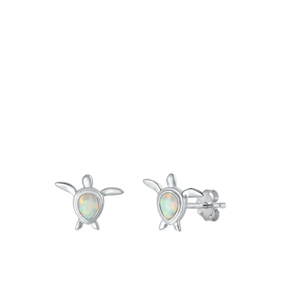 Sterling Silver Rhodium Plated Turtle White Lab Opal Earrings