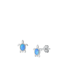 Load image into Gallery viewer, Sterling Silver Rhodium Plated Blue Lab Opal Turtle Earrings