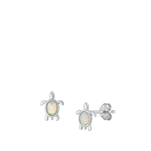 Sterling Silver Rhodium Plated White Lab Opal Turtle Earrings