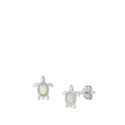 Sterling Silver Rhodium Plated White Lab Opal Turtle Earrings