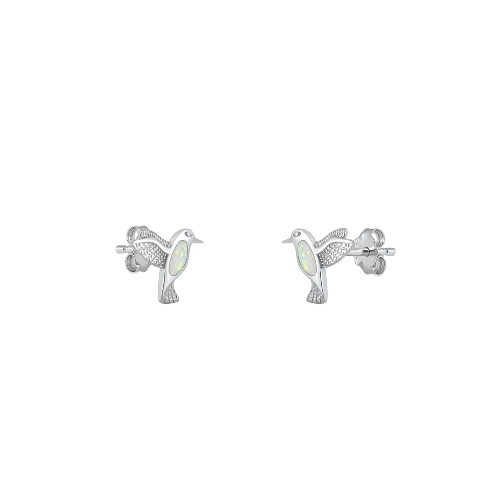 Sterling Silver Rhodium Plated Hummingbird White Lab Opal Earrings
