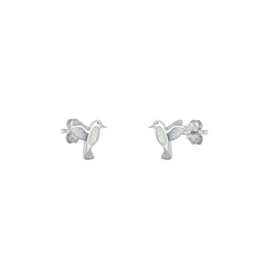 Sterling Silver Rhodium Plated Hummingbird White Lab Opal Earrings