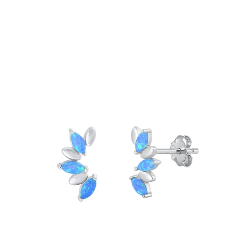 Sterling Silver Rhodium Plated Half Flower Blue Lab Opal Earrings