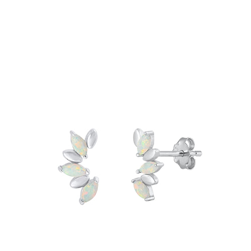 Sterling Silver Rhodium Plated Half Flower White Lab Opal Earrings