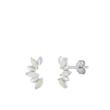 Load image into Gallery viewer, Sterling Silver Rhodium Plated Half Flower White Lab Opal Earrings