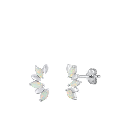 Sterling Silver Rhodium Plated Half Flower White Lab Opal Earrings