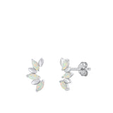 Sterling Silver Rhodium Plated Half Flower White Lab Opal Earrings