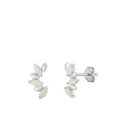 Sterling Silver Rhodium Plated Half Flower White Lab Opal Earrings