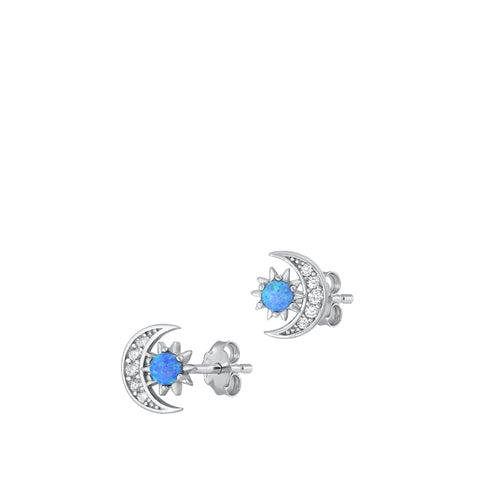 Sterling Silver Rhodium Plated Sun And Moon Blue Lab Opal And Clear CZ Earrings