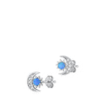 Sterling Silver Rhodium Plated Sun And Moon Blue Lab Opal And Clear CZ Earrings