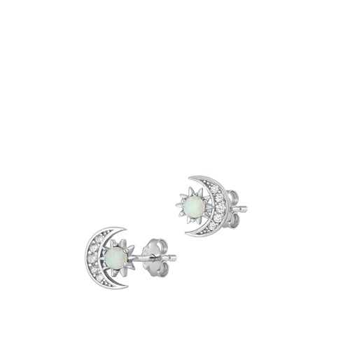 Sterling Silver Rhodium Plated Sun And Moon White Lab Opal And Clear CZ Earrings