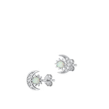 Load image into Gallery viewer, Sterling Silver Rhodium Plated Sun And Moon White Lab Opal And Clear CZ Earrings