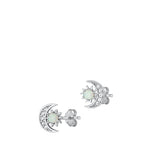Sterling Silver Rhodium Plated Sun And Moon White Lab Opal And Clear CZ Earrings