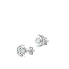 Sterling Silver Rhodium Plated Sun And Moon White Lab Opal And Clear CZ Earrings