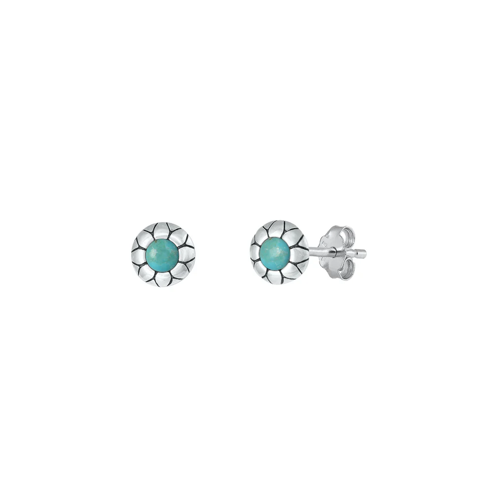 Sterling Silver Oxidized Round Genuine Turquoise Stone Earrings