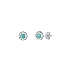 Sterling Silver Oxidized Round Genuine Turquoise Stone Earrings
