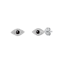 Load image into Gallery viewer, Sterling Silver Rhodium Plated Eye Clear CZ And Black Agate Stone Earrings