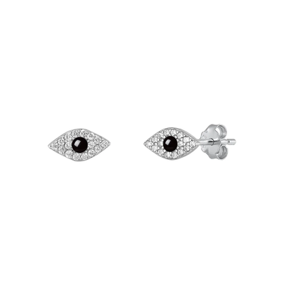 Sterling Silver Rhodium Plated Eye Clear CZ And Black Agate Stone Earrings