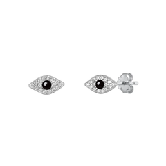 Sterling Silver Rhodium Plated Eye Clear CZ And Black Agate Stone Earrings