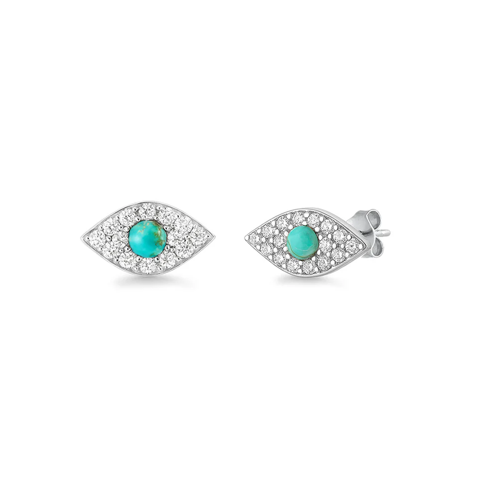 Sterling Silver Rhodium Plated Evil Eye Genuine Turquoise And Clear CZ Stone Earring