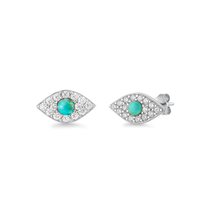 Load image into Gallery viewer, Sterling Silver Rhodium Plated Evil Eye Genuine Turquoise And Clear CZ Stone Earring