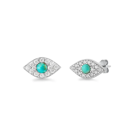 Sterling Silver Rhodium Plated Evil Eye Genuine Turquoise And Clear CZ Stone Earring