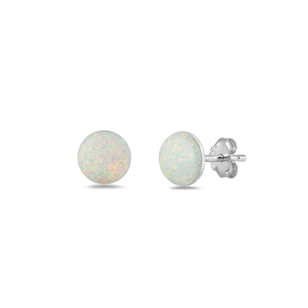 Sterling Silver Rhodium Plated Round White Lab Opal Earring