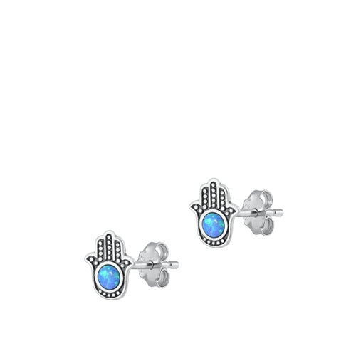 Sterling Silver Oxidized Hamsa Blue Lab Opal Earrings