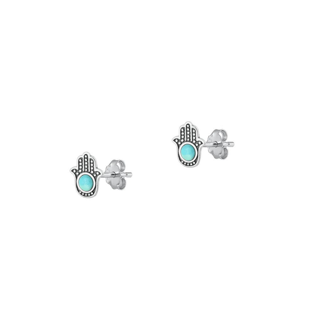 Sterling Silver Oxidized Hamsa Genuine Turquoise Stone Earrings