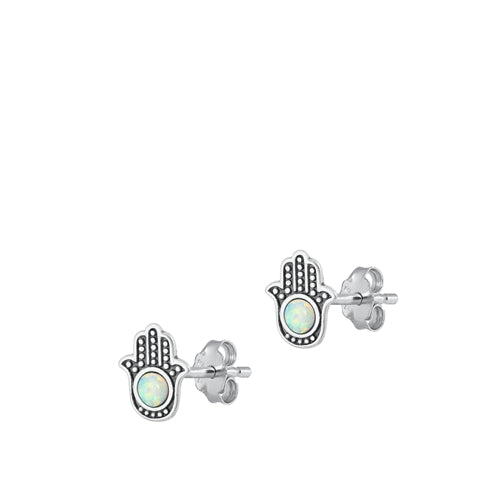 Sterling Silver Oxidized Hamsa White Lab Opal Earrings