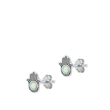 Sterling Silver Oxidized Hamsa White Lab Opal Earrings
