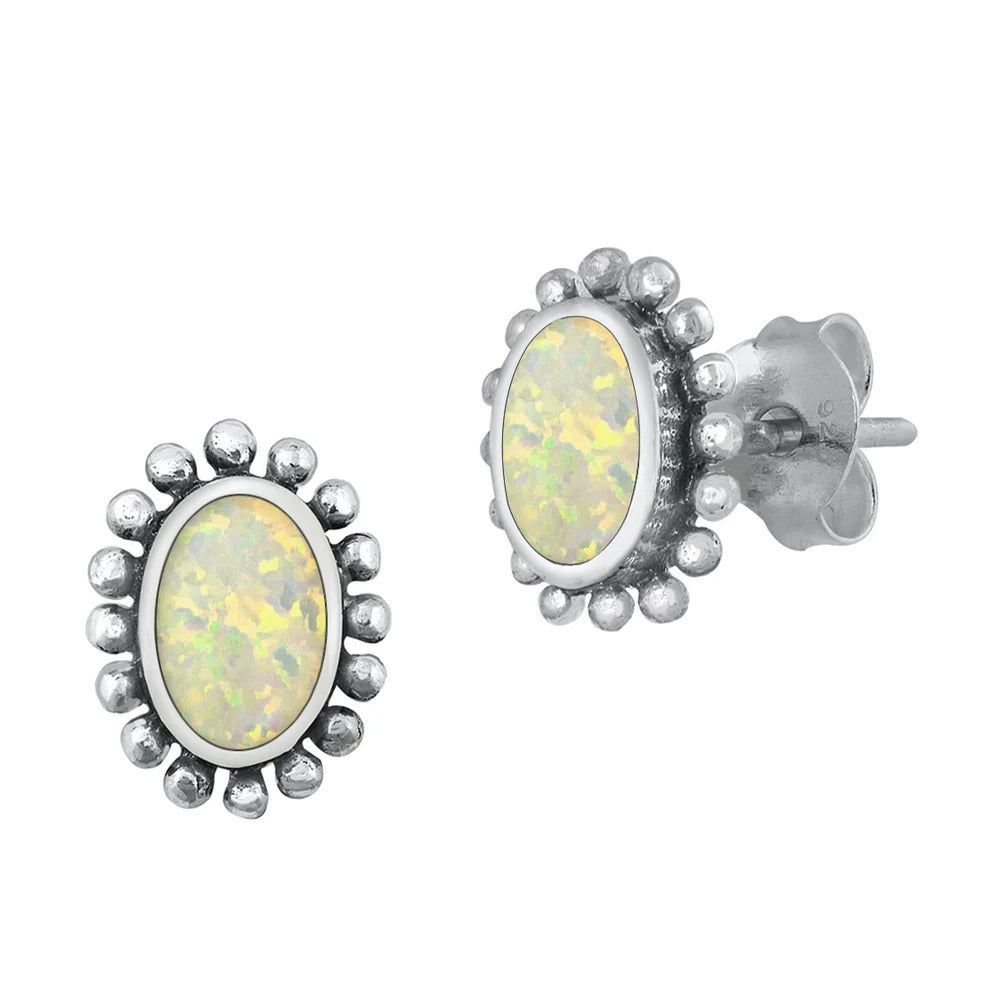 Sterling Silver Oxidized White Lab Opal Oval Earrings