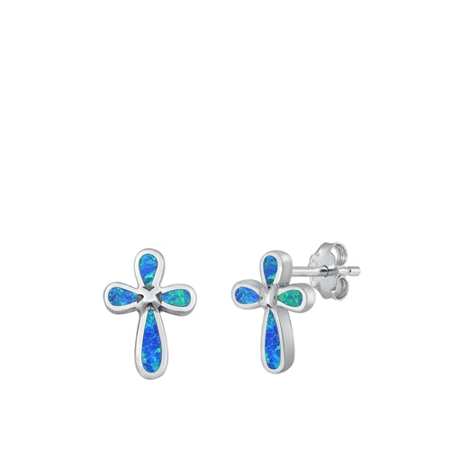 Sterling Silver Oxidized Cross Blue Lab Opal Earrings