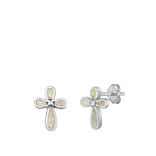 Load image into Gallery viewer, Sterling Silver Oxidized Cross White Lab Opal Earrings