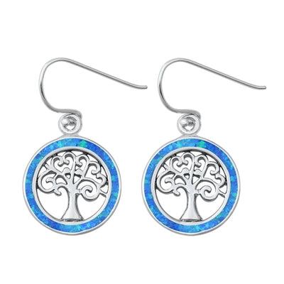 Sterling Silver Tree Of Life Blue Lab Opal Earrings
