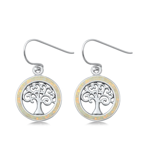 Sterling Silver Tree Of Life White Lab Opal Earrings