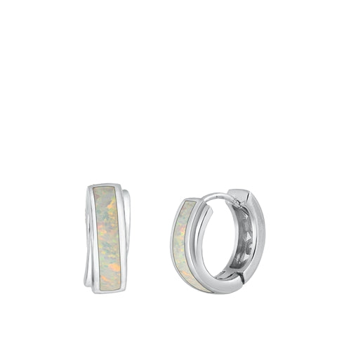 Sterling Silver Rhodium Plated Hoop White Lab Opal Earrings