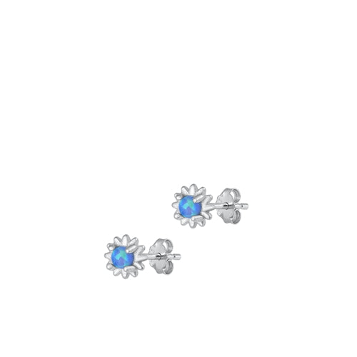 Sterling Silver Rhodium Plated Flower Blue Lab Opal Earrings