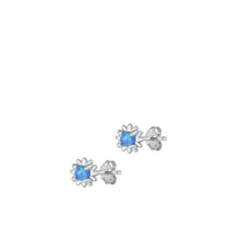 Load image into Gallery viewer, Sterling Silver Rhodium Plated Flower Blue Lab Opal Earrings