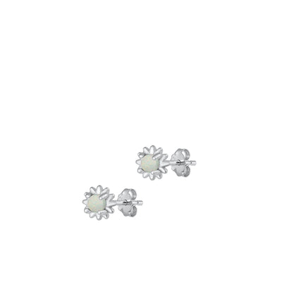 Sterling Silver Rhodium Plated Flower White Lab Opal Earrings
