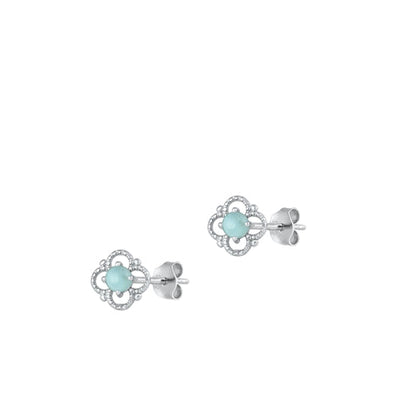 Sterling Silver Rhodium Plated Genuine Larimar Earrings-6.5mm