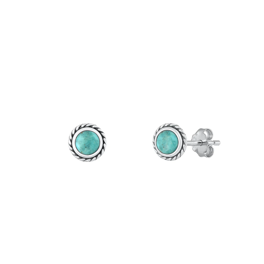 Sterling Silver Oxidized 6.2mm Spiral Cross Genuine Turquoise Stone Earrings